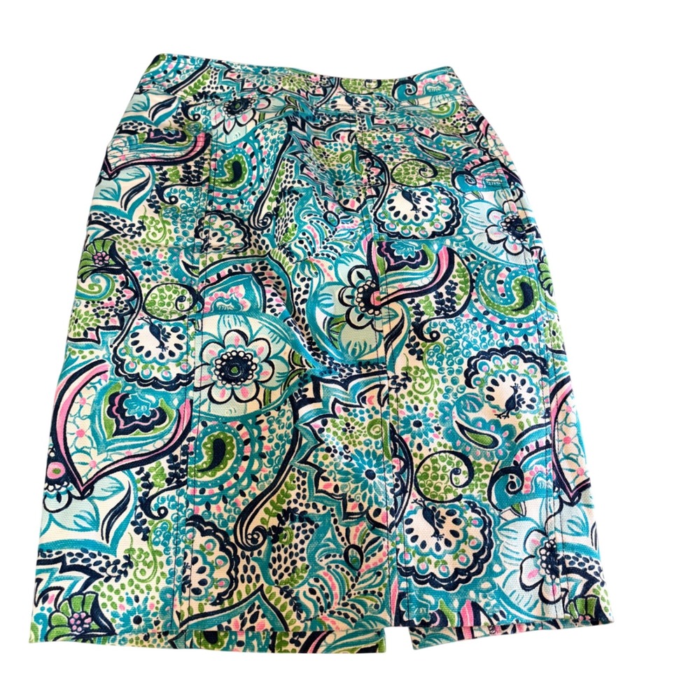 Lilly Pulitzer Women Blue Green Pink Paisley Floral Cotton Pencil Skirt Size 0